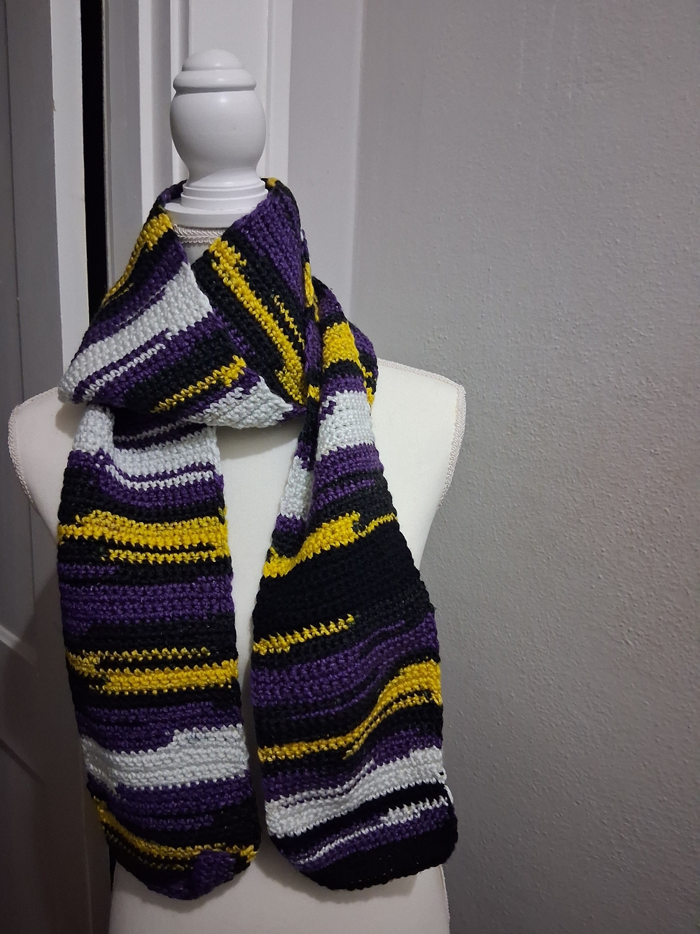 Hand Crafted Striped Crochet Scarf in Purple, Yellow, White, and Black